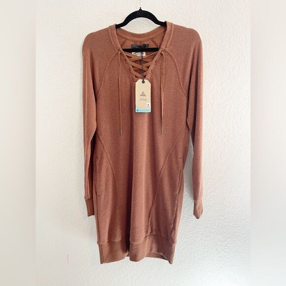 PrAna Cozy Up Terry Dress Raux Heather Lace-up V-Neck Lounge NWT. XS - Picture 2 of 10